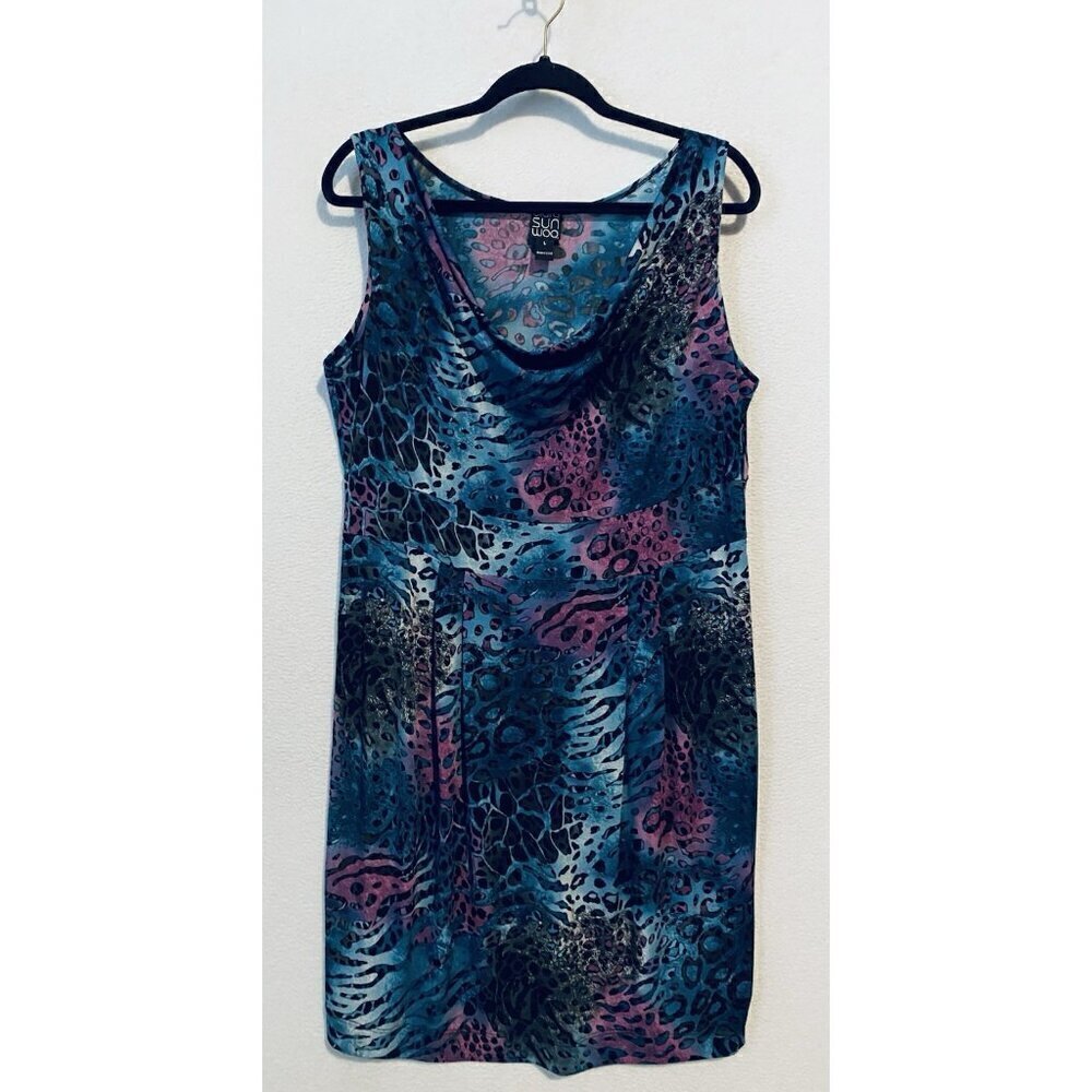 Clara Sun Woo Dress Womens Large Blue Purple Animal Drapey Scoop Neck Boho Y2K